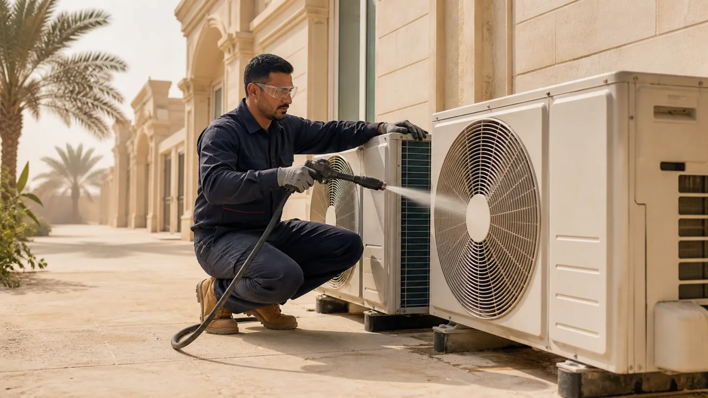 تنظيف وحدة تكييف خارجية في فيلا بحي الرمال بالرياض
