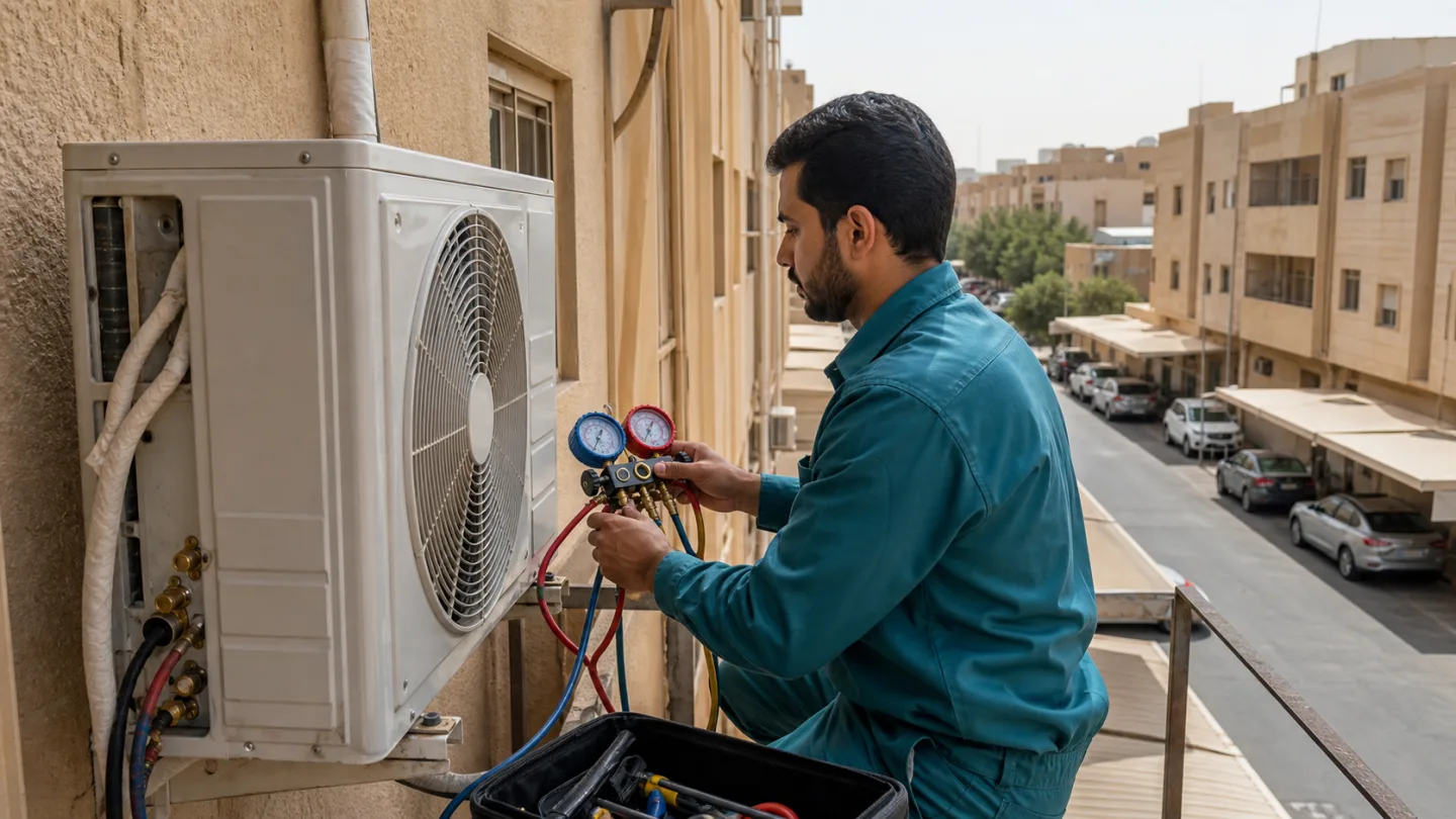 فني تكييف يفحص وحدة خارجية في حي اليرموك شرق الرياض