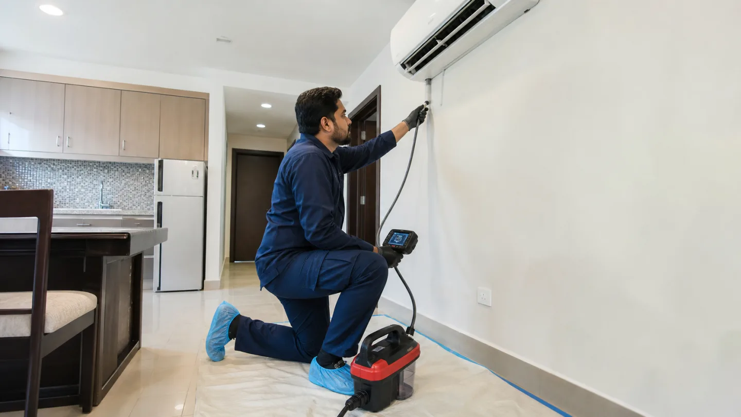 إصلاح صرف مكيف هاير دون شعار داخل شقة بالرياض