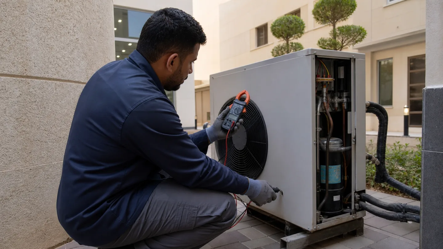 فني يقيس دائرة تبريد مكيف هيتاشي دون شعار بالرياض