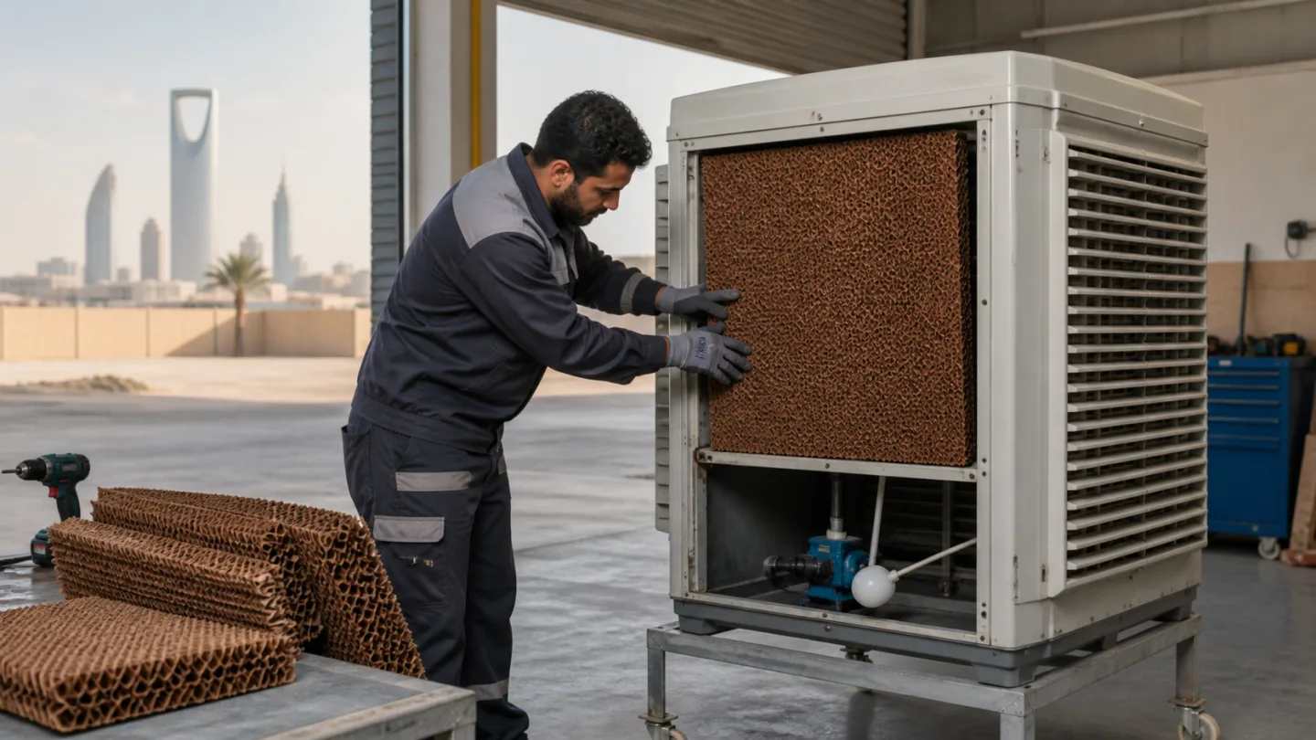 صيانة مبرد هواء صحراوي في ورشة بمدينة الرياض