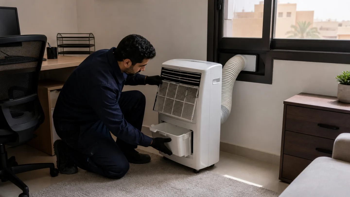 فني يفحص مكيف متنقل محمول داخل مكتب صغير بالرياض