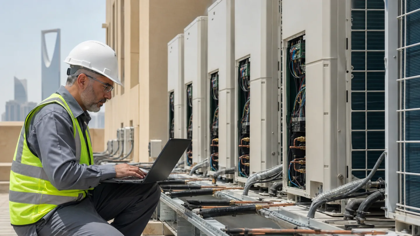 مهندس تكييف يراجع نظام VRF متعدد الوحدات في مبنى بالرياض
